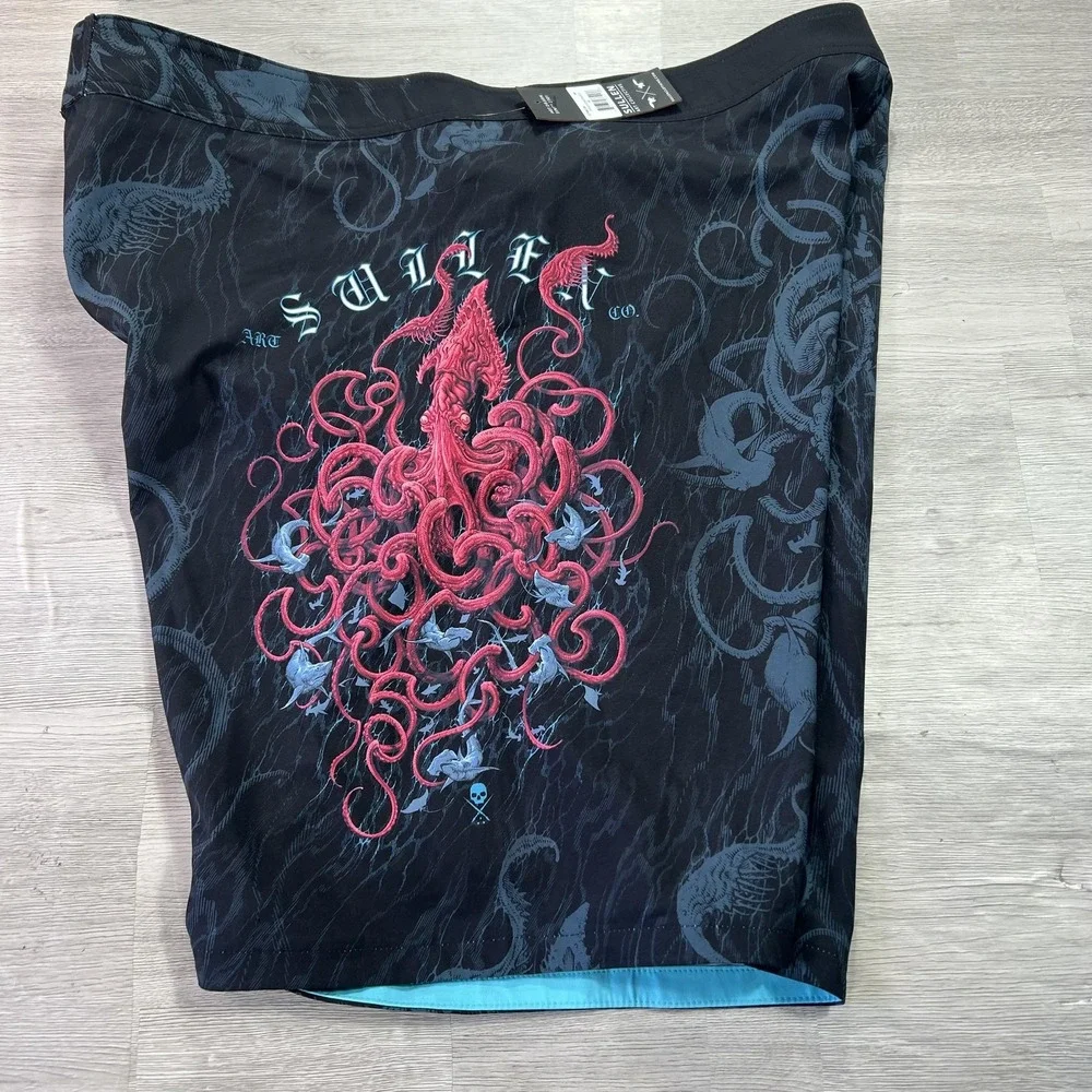 NEW Sullen Kraken Boardshorts Mens 40 Black Nautical Skull Print Swim Trunks